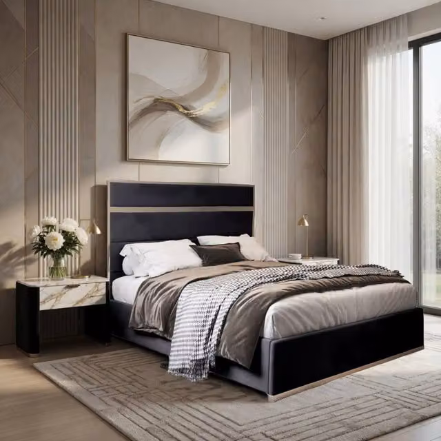 KDMD Horam Designer Bed Frame with Black Velvet Upholstery and Metal Frame, W/D/H: 180 x 200 cm