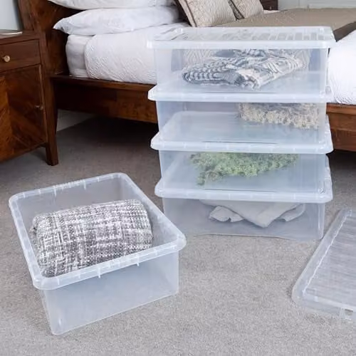 Wham Crystal Stackable Plastic Storage Boxes with Lids, 5 x 32L, Transparent