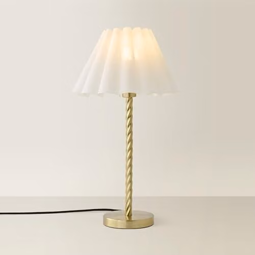 ValueLights Maura White Scallop Pleated Tapered Table Lamp with Brushed Gold Twist Base and Bulb