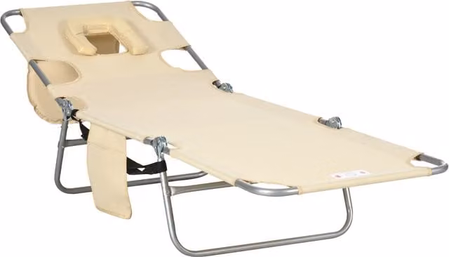 Outsunny Beige Foldable Beach Chaise Lounge with Adjustable Headrest and Armrests