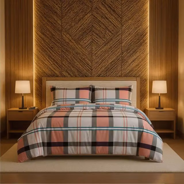 Snug City Super King Duvet Cover and Pillowcase Set in Pink Tartan Check Polycotton Linen Blend, 200 x 200 cm