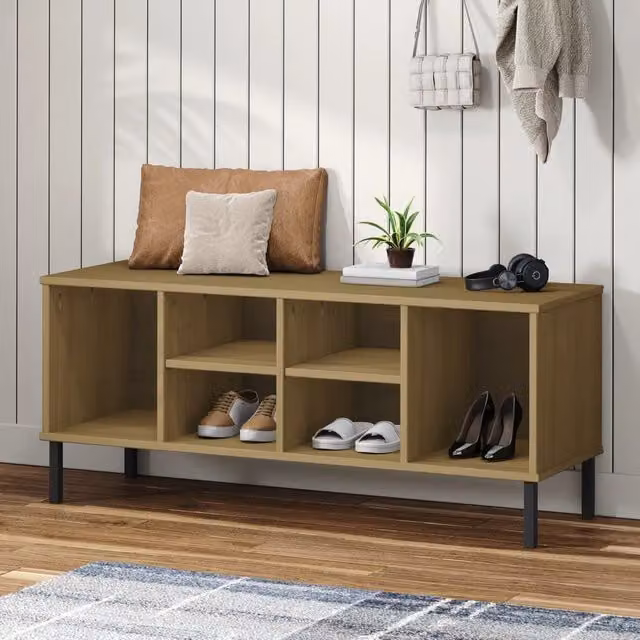 Berkfield Home Oslo Solid Wood Shoe Rack in Brown with Metal Legs, W: 106 cm, D: 35 cm, H: 45 cm
