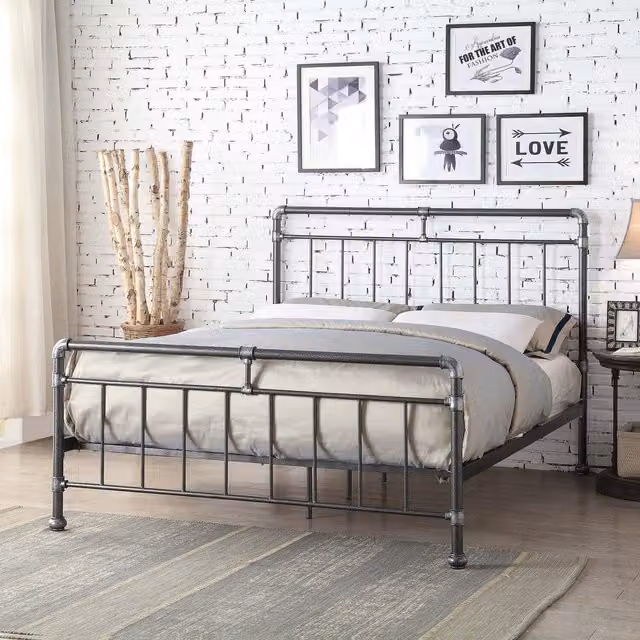 Flintshire Furniture Cilcain Industrial Metal Bed in Black and Silver, King Size (180 x 200 cm)