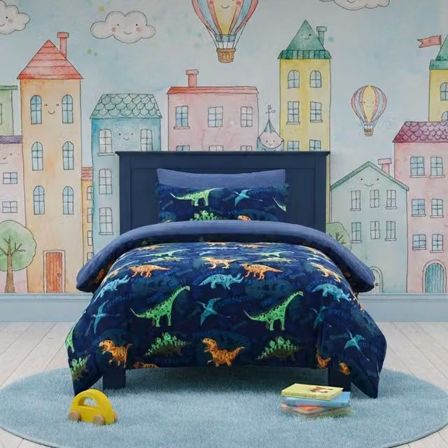 Snug City Dinosaur Kids Teddy Duvet Cover and Pillowcase Set, Blue, W: 140 cm, L: 200 cm