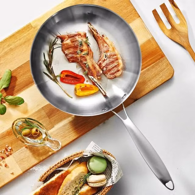 Hinsinc Stainless Steel Uncoated Frying Pan, Silver, Diameter: 22 cm