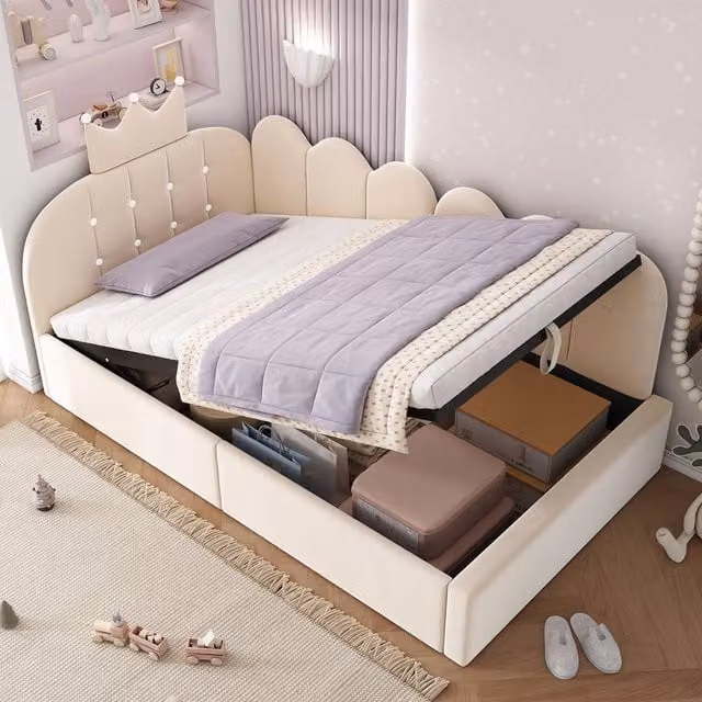 ModernLuxe Beige Velvet Upholstered Daybed with Hydraulic Lift-Up Storage and Single Sofa Bed, W/D/H: 190 x 90 x 96 cm
