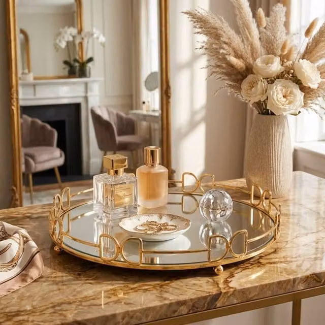 Dynasty Home UK Round Golden Decorative Vanity Tray with Mirror, Diameter: 30 cm