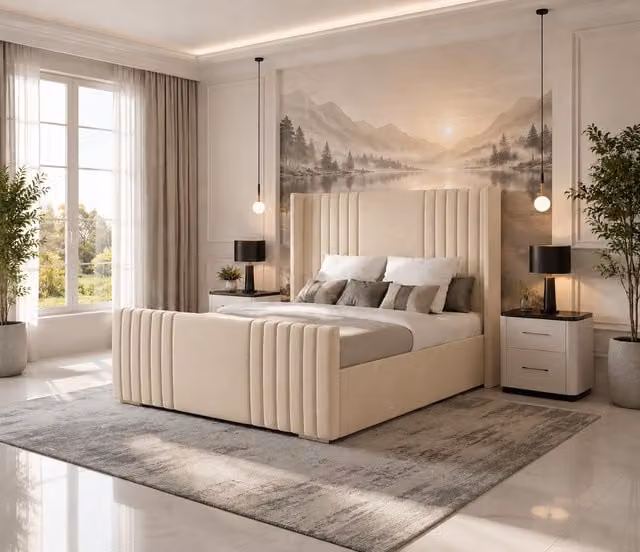 K Mehmood Enterprise Ltd Luxury Modern Upholstered Divan Bed Set with Mattress and Headboard in Beige, W/D/H: 150 x 200 cm