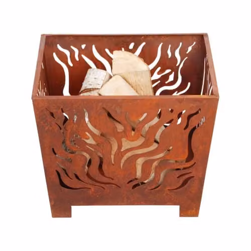 Esschert Design Fallen Fruits Small Square Metal Fire Basket in Brown Rust Finish W/D/H: 38.1 x 38.1 x 30.48 cm