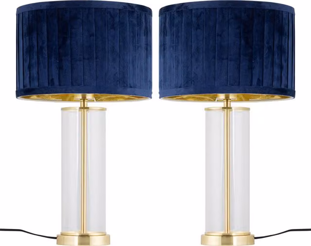 First Choice Lighting Set of 2 Aura Table Lamps with Navy Blue Pleated Velvet Shades in Satin Brass and Blue