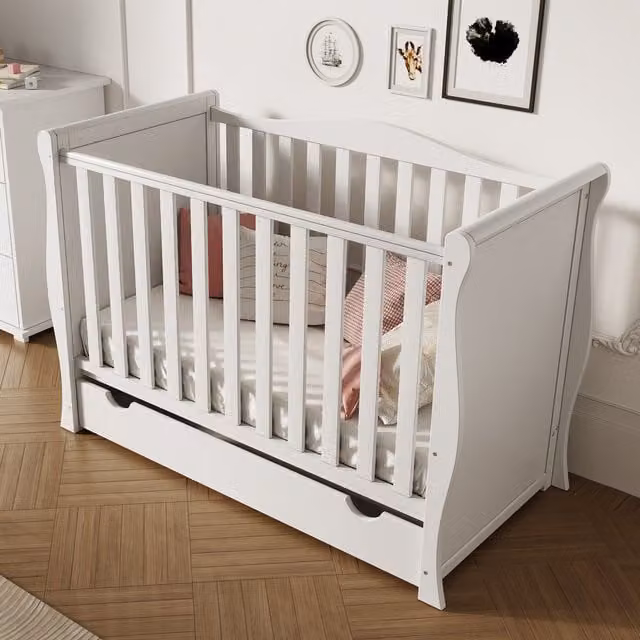Viculii Willow Sleigh Mini Cot Bed with Mattress and Drawers, White, W/D/H: 120 x 60 x 60 cm