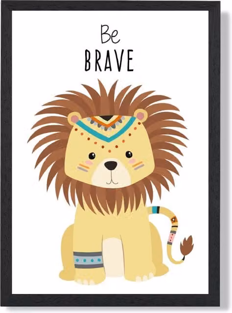ARTZE Be Brave Lion Tribal Animal Quote Framed Print, Yellow and Black, A2