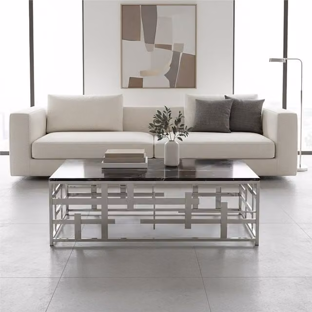 Orsina Geometric Black Marble Rectangular Coffee Table with Silver X-Frame