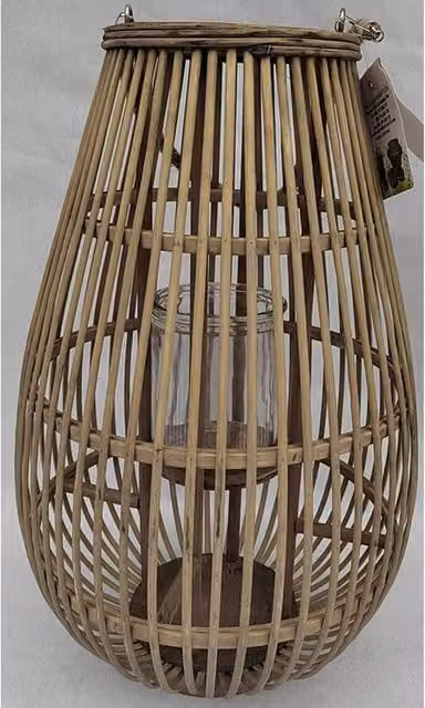 Lemon Pavilion Large Oval Wicker Lantern with Glass Holder in Brown, W33 x D33 x H52 cm