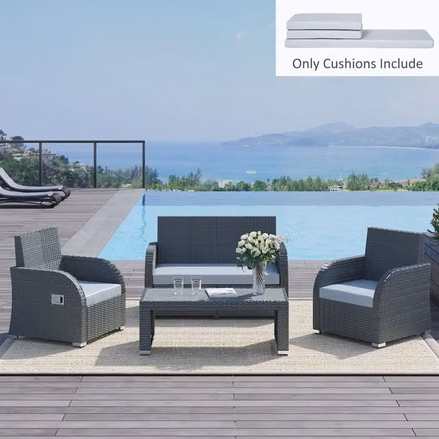 Outsunny 3 Piece Grey Polyester Outdoor Seat Cushions for Rattan Garden Furniture