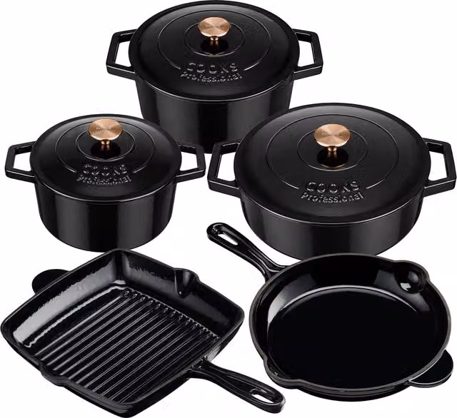 Cooks Professional 5 Piece Black Enamel Cast Iron Casserole Dish, Frying Pan and Skillet Set