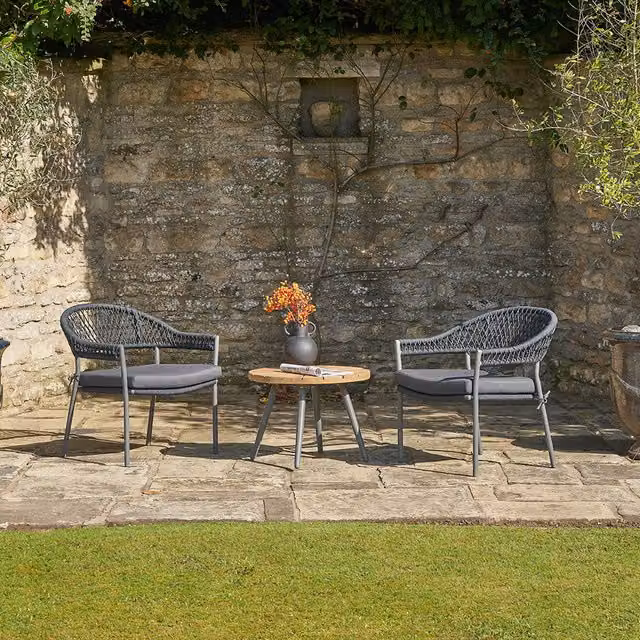 Pacific Lifestyle Black Rope Bistro Set with Round Acacia Wood Table