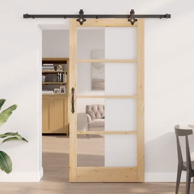 Berkfield Home Orkdal Rustic Sliding Door with Hardware Set in Beige, Solid Wood and Glass