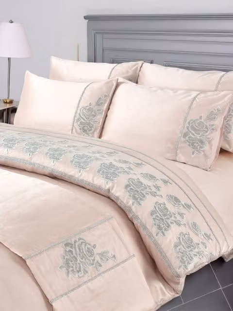 Snug City Single Duvet Cover and Pillowcase Set in Pink with Floral Embroidered Design, Polyester and Linen Blend, W: 90 cm, L: 200 cm