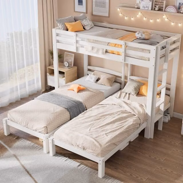 Rolipo White Wooden Triple Bunk Bed with Side Ladder and Compartments, Solid Pine, W/D/H: 190 x 90 x 120 cm