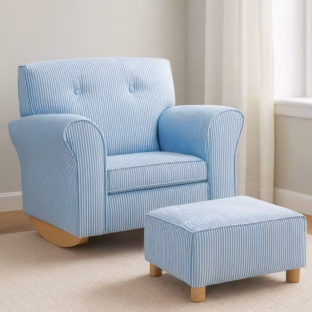 Orsina Kids Blue and White Striped Rocking Chair with Footstool and Pine Wood Frame