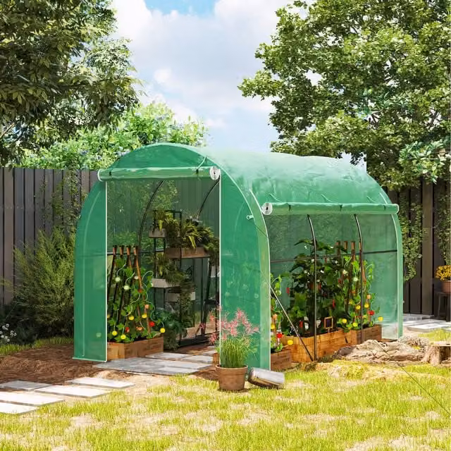 Outsunny Green Polytunnel Greenhouse with Zipped Roll-up Door and Galvanised Steel Frame