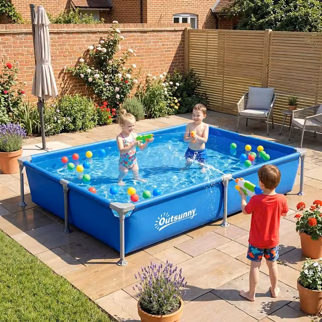 Outsunny Blue Rectangular Metal Frame Swimming Pool with Galvanised Steel Frame