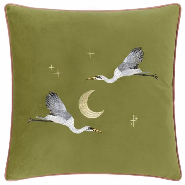 Make It A Home Moonlit Flight Embroidered Velvet Cushion in Green