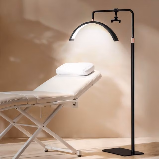 Emitto Black LED Half Moon Lash Light Floor Lamp with Dimmable Height Adjustment for Beauty Salons, H: 183 cm x W: 58 cm x D: 58 cm