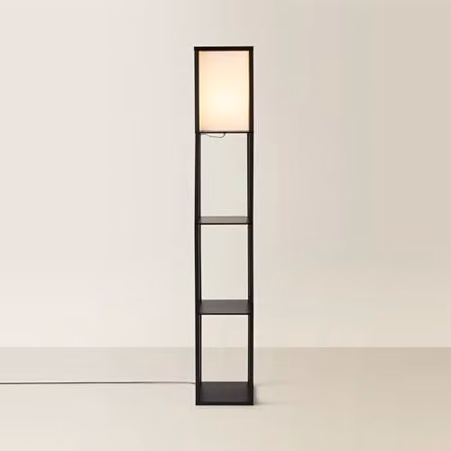 ValueLights MiniSun Black Wooden Floor Lamp with Fabric Shade and LED Bulb