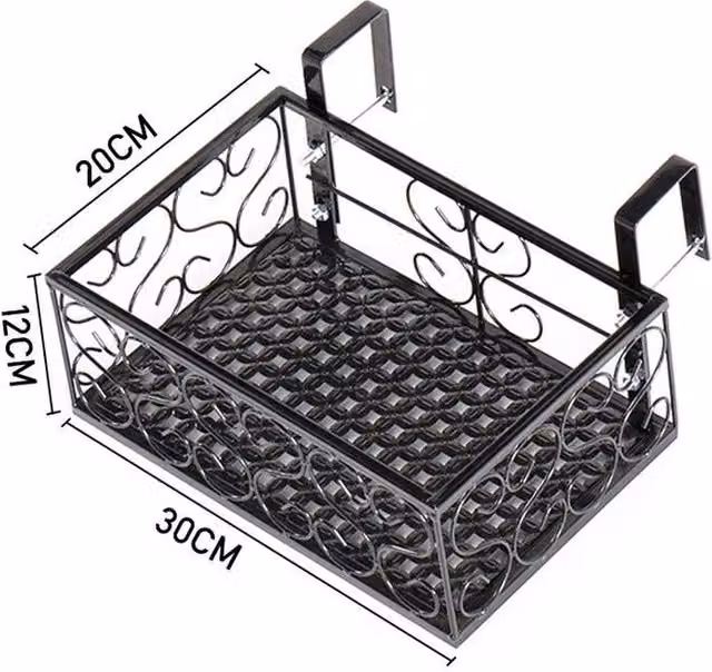 FORGEVIO Black Metal Hanging Trough Planter and Balcony Railing Flower Rack, W: 30 cm, D: 20 cm, H: 12 cm