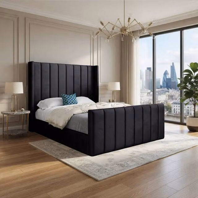 KDMD Sturminster Winged Upholstered Designer Bed Frame in Black Soft Velvet, W/D/H: 144 x 137 x 200 cm