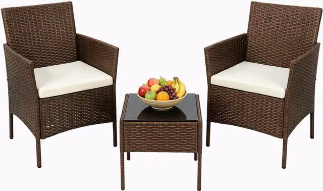 Alivio Modern Brown Polyrattan Bistro Set with 2 Lounge Armchairs, Cushions and Coffee Table