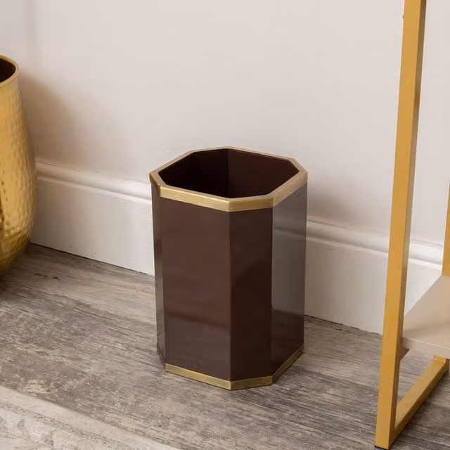 Melody Maison Hexagonal Wooden Waste Paper Bin in Chocolate Brown and Gold