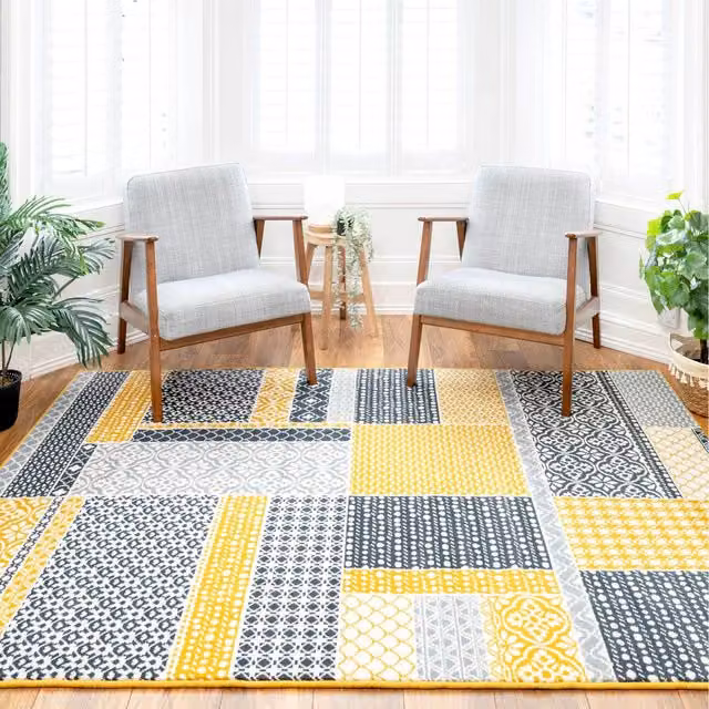 The Rug House Floral Patchwork Boho Living Room Rug, Multicolour Yellow, W: 330 cm, D: 240 cm