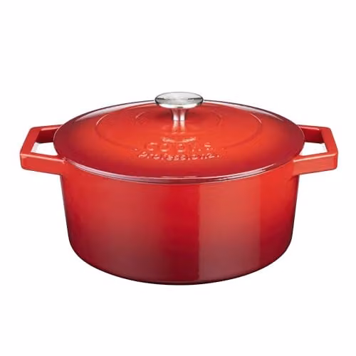 Cooks Professional Enamelled Cast Iron Casserole Dish with Lid and Handles, Red, 26cm, 5.8l