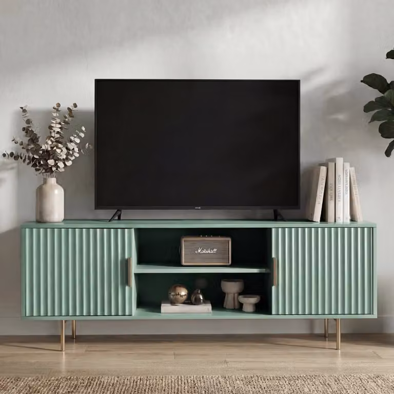 DHS Modern Fluted Wood TV Unit in Green with Soft Close Drawers and Media Compartments, W: 140 cm, D: 40 cm