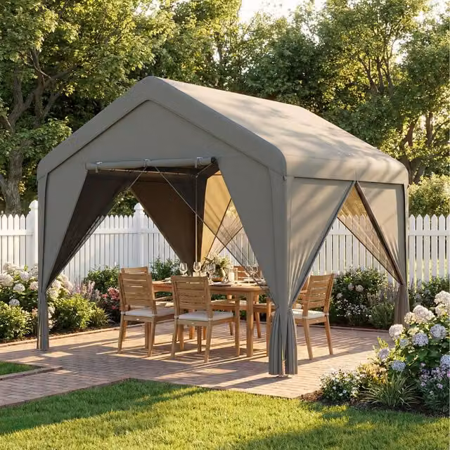 Outsunny Modern Gable Patio Gazebo with Netting and Curtains, Grey, W: 300 cm, D: 300 cm, H: 300 cm