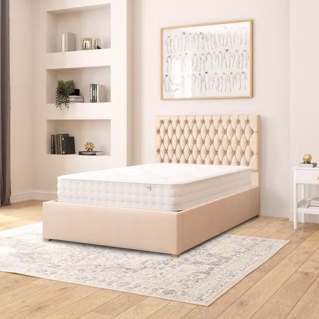 Aspire Monroe Upholstered Ottoman Storage Bed in Beige Kimiyo Linen Fabric, Small Double