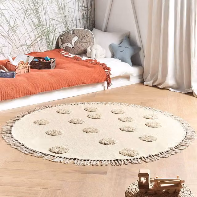 Wyld and Coco Round Beige Cotton Kids Rug with Fringes, Diameter: 140 cm