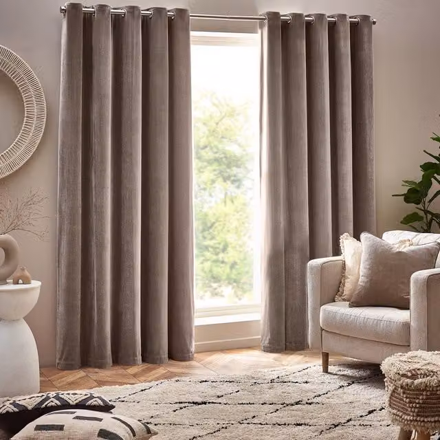 Make It A Home Heavy Chenille Velvet Room Darkening Eyelet Curtains, Greige, W: 137 cm, H: 168 cm
