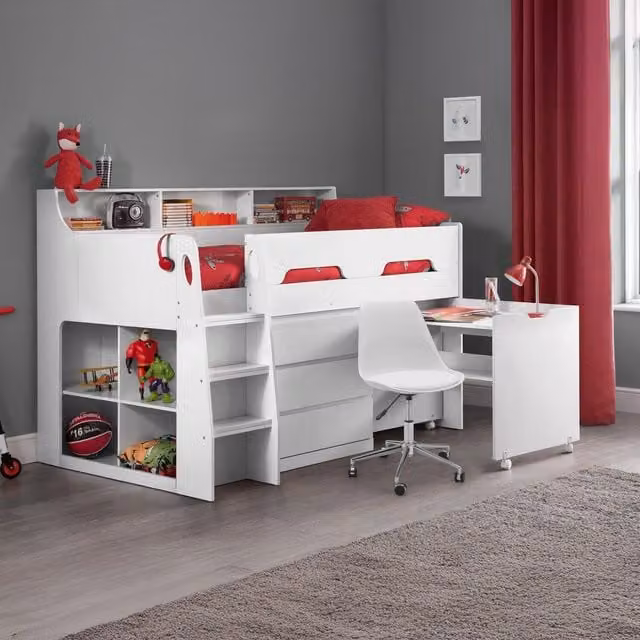 Julian Bowen Jupiter White Mid Sleeper Cabin Bed with Stairs and Drawers