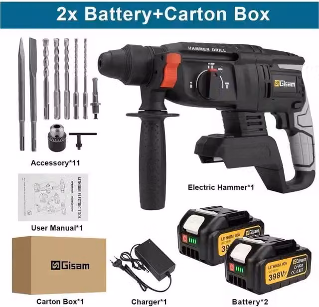 Gisam Brushless Electric Hammer Rotary Impact Drill, Black, Rechargeable
