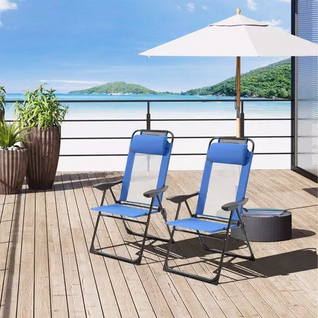Outsunny Set of 2 Blue Portable Folding Recliners with Armrests