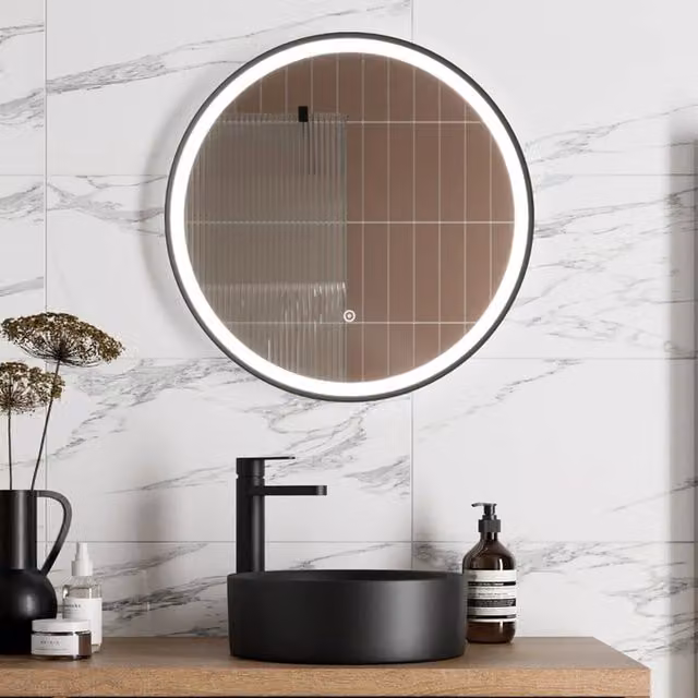 Bathwell Round LED Mirror with Demister and Touch Switch in Matt Black