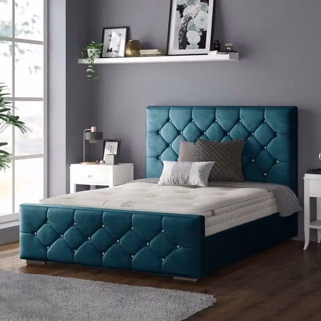 IH Design Chesterfield Upholstered Velvet Bed Frame in Petrol Green, W/D/H: 140 x 200 cm