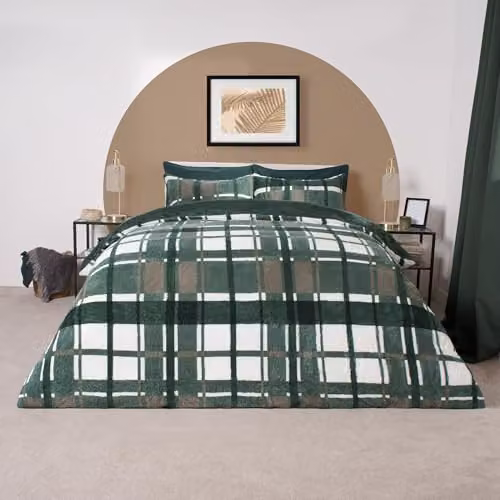 OHS King Size Teddy Fleece Checked Duvet Cover Set in Green with Pillowcases, Duvet Cover: 180 x 200 cm, Pillowcases: 50 x 75 cm