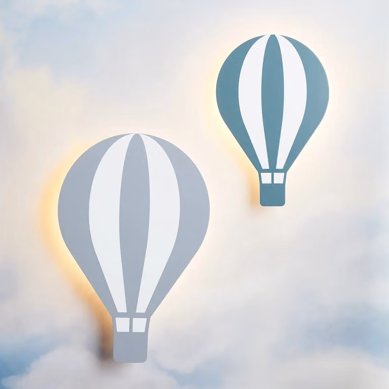 Lights4fun Hot Air Balloon LED Childrens Wall Light Duo in Grey and Green with Remote and Timer
