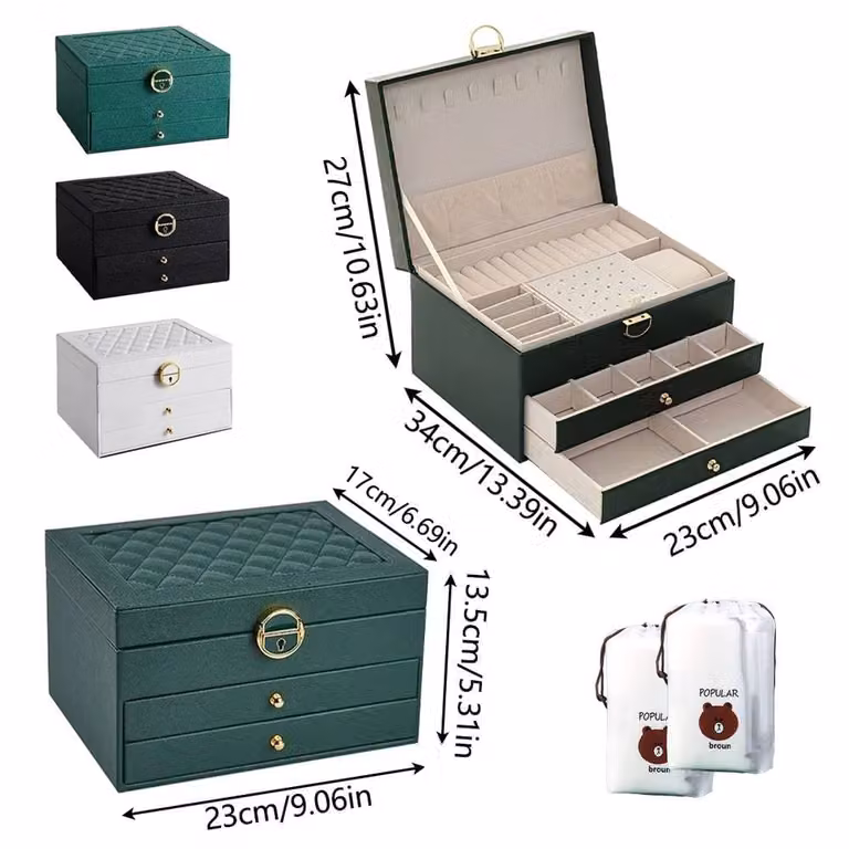 Hinsinc 3-Layer Jewellery Box Necklace Organiser with Drawers, Black, W: 23.0 cm, D: 13.5 cm, H: 13.5 cm