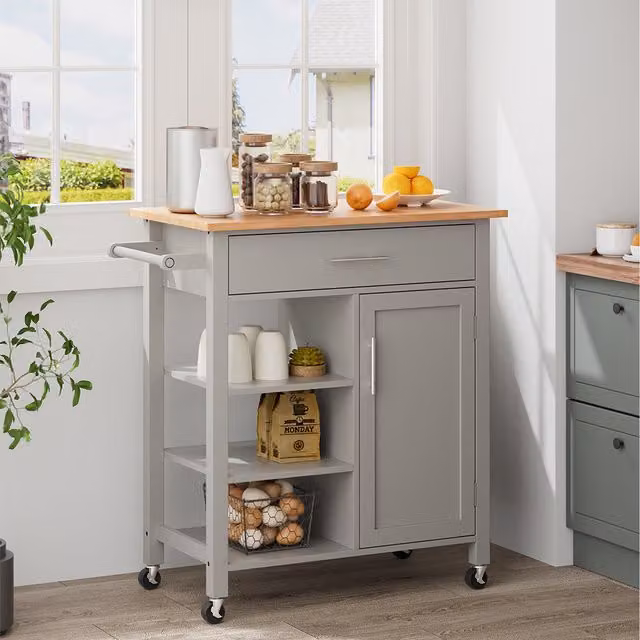 Komore Grey Modern Catering Trolley Cart with Drawer and Cabinet in Rubberwood and MDF